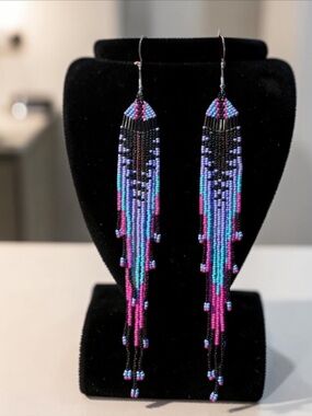 Long Multicoloured Gradient patterned beaded tassel earrings. New.
